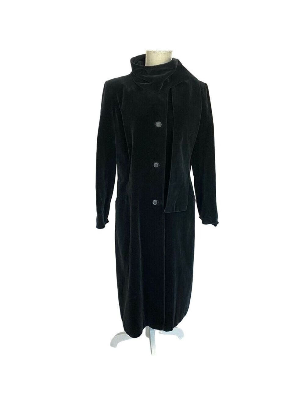 Vintage 80s Black Velvet Coat Dress W/ Scarf Drizzle Inc Button Down Knee Length